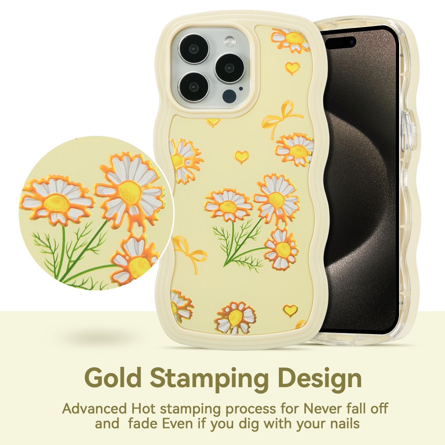 UEEBAI for iPhone 14 Pro Max Case, Floral Wave Frame Cute Curly Anti-slip Flower Case with Aesthetic Pattern - Image 2