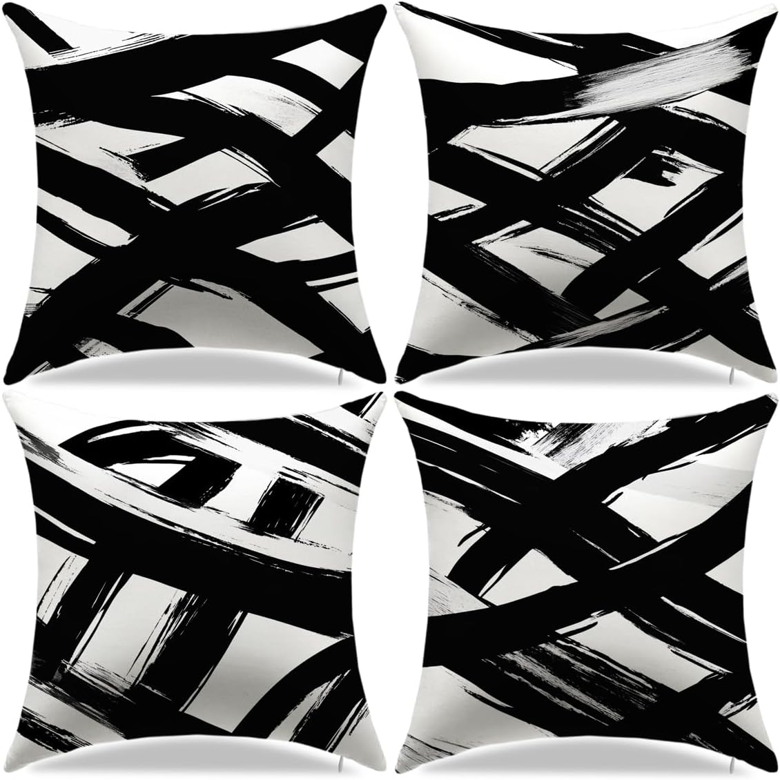 Black and White Pillow Covers Set of 4 18x18 Stripe Abstract Throw Pillows Couch, Living Room Bedroom Modern Boho Room Decor Black and White Decorative Pillow Covers 18" x 18" (Pack of 4) Abstract Black and White