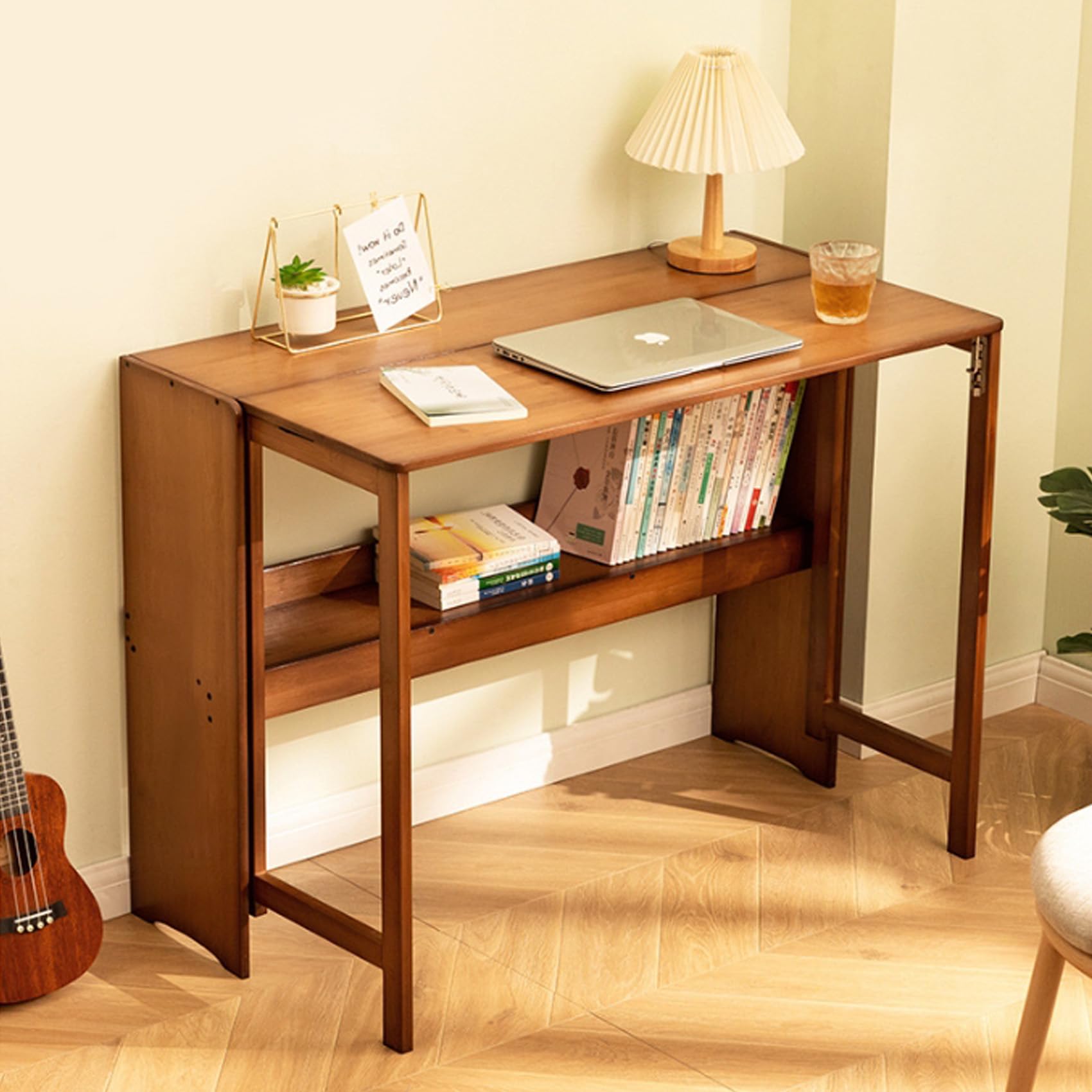 Collapsible Bamboo Desk for Small Spaces, Folding Writng Working Computer with Shelves and Storage, Rustic Foldable Table Home Office Fold up (Walnut, 103cm/40.5")