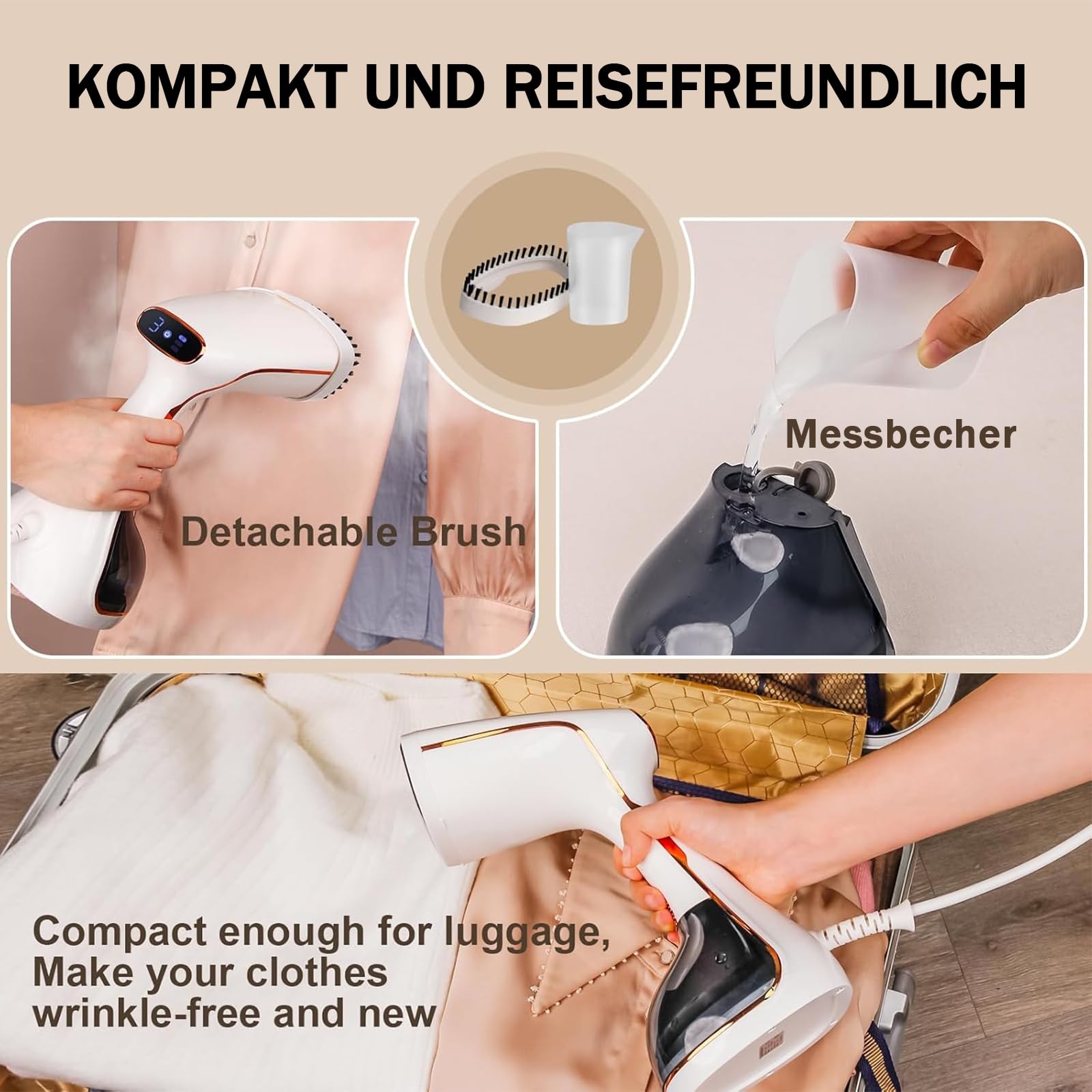 OKYUK Dampfglätter 1800W, Tragbarer Steamer für Kleidung, 320ml Wassertank, Schnellaufheizung, Dampfbügeleisen inkl. 2 Bürsten, Ideal für Reise & Zuhause, Faltenentferner gegen Bakterien(Weiß)