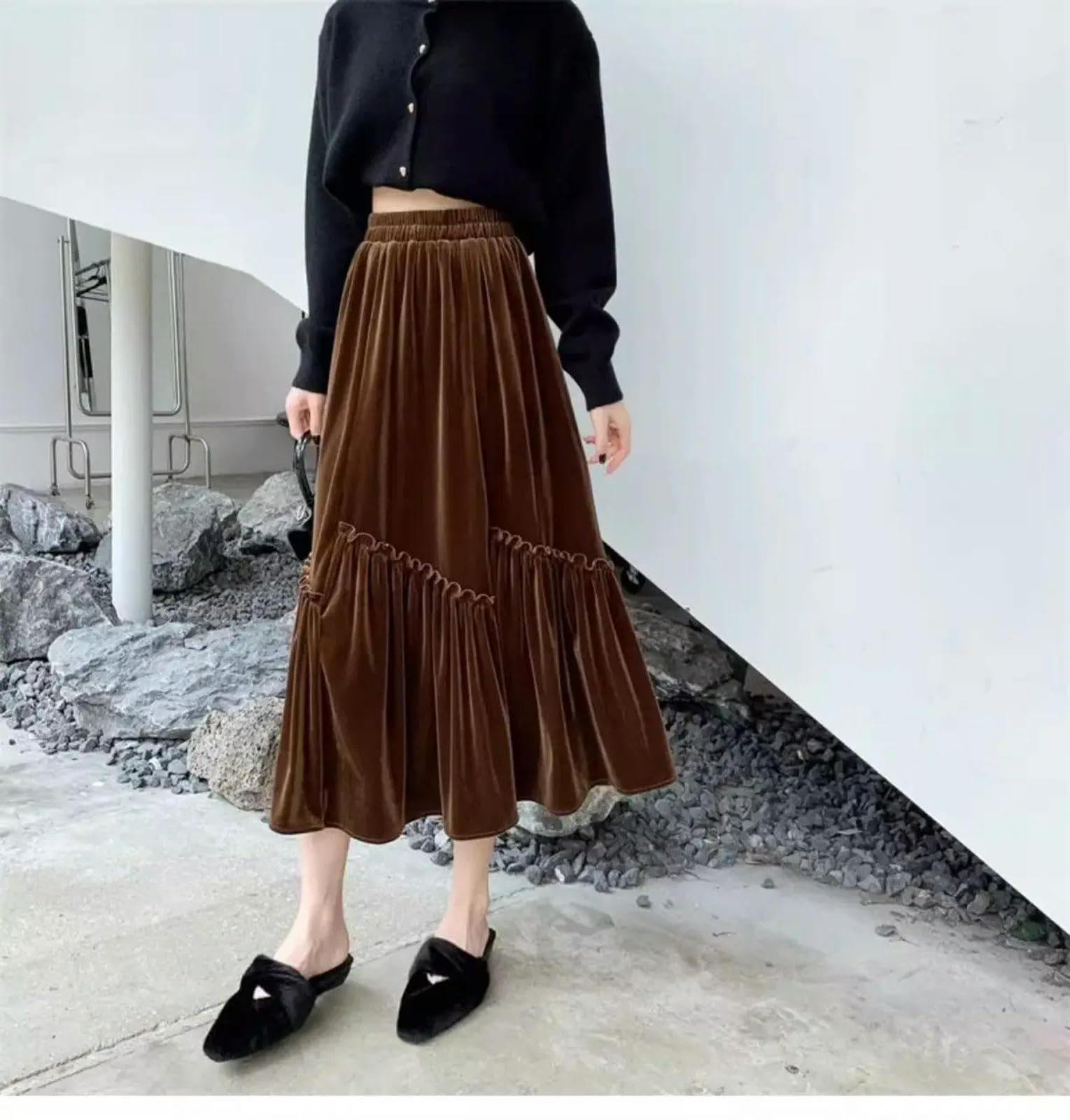 Gonna Lunga Donna Gonna Irregolare Donne Autunno Inverno Office Lady Gonna A metà Lunghezza Gonna A-Line all-Match all-Line-Marrone-s