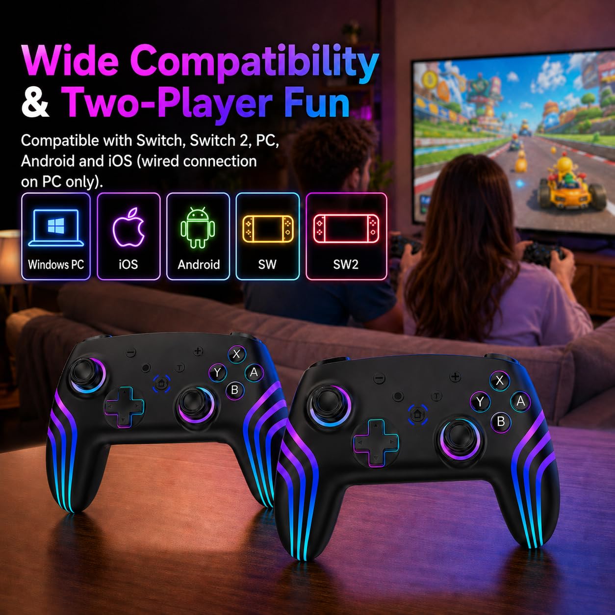 Controller für Switch 2 mit RGB Beleuchtung, Dual Vibration, 6 Achsen Gyroskop, Turbo, Ergonomisch Präzise Joystick