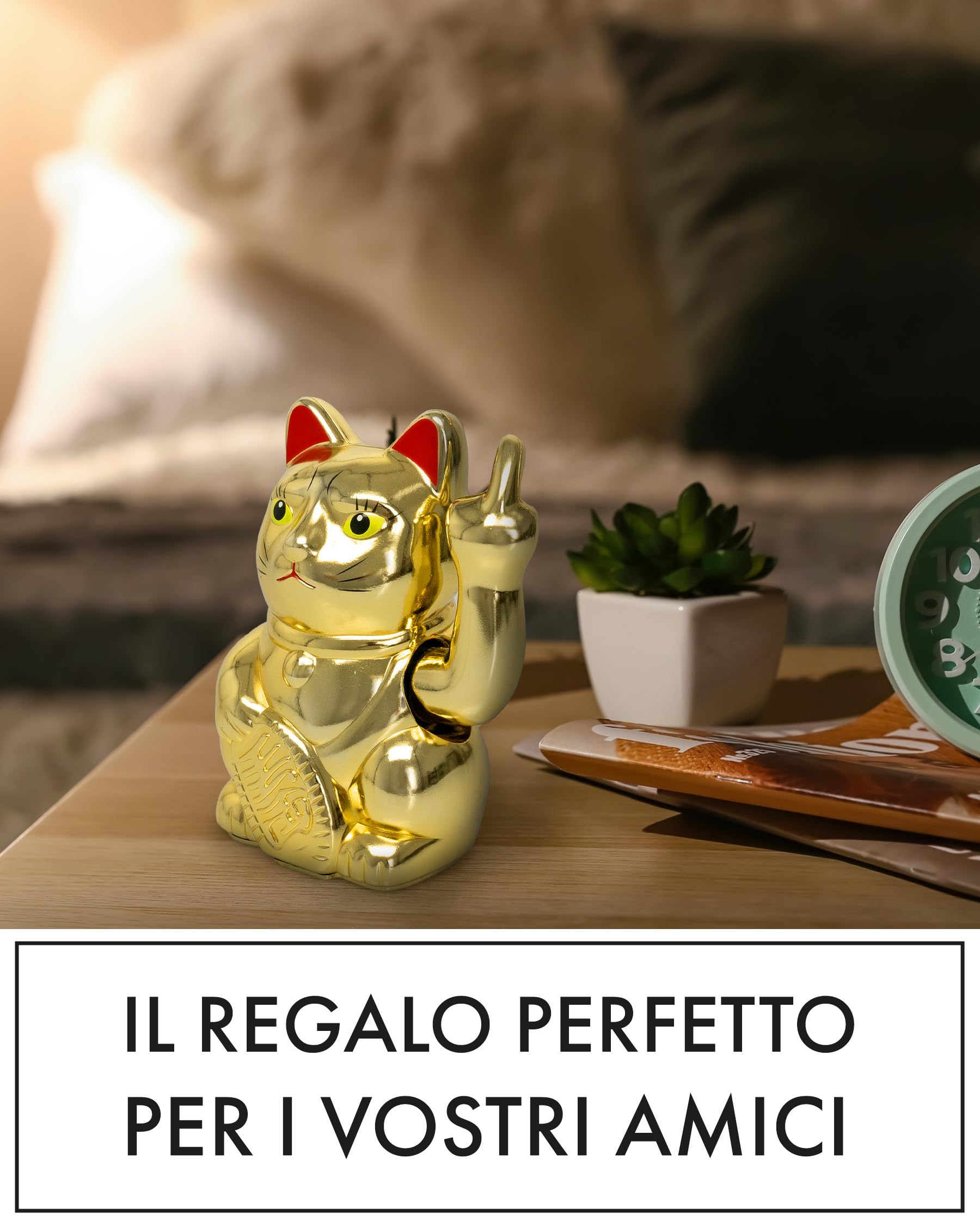 ANGRY CAT - Gatto fortuna Lucky Cat - Divertente gatto giapponese che saluta - Figura statuetta statua idea di regalo con braccio ondeggiante - oro, 15cm