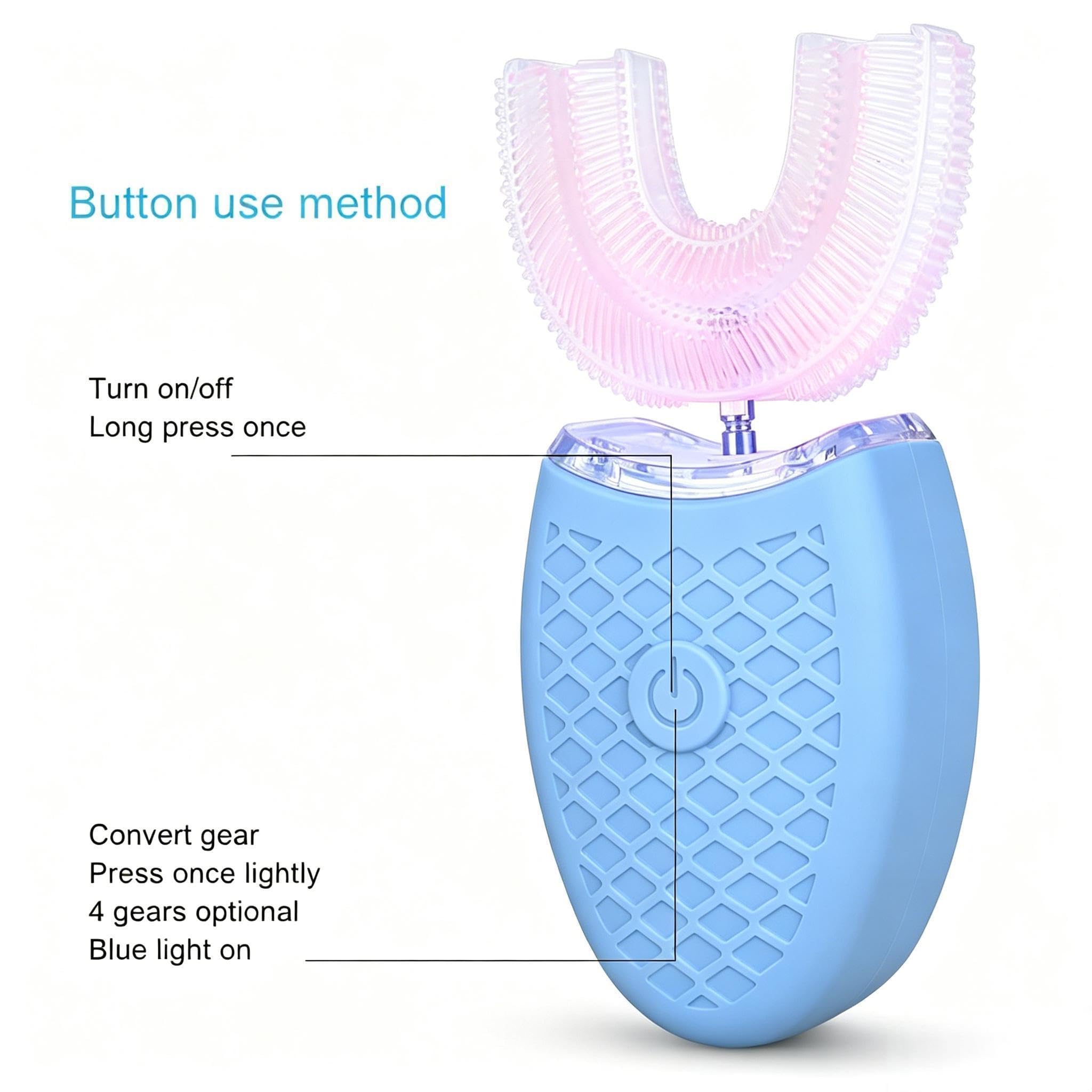 Fyearfly Spazzolino elettrico sonico a 360 gradi, a forma di U, per adulti, con 4 modalità di pulizia, setole in silicone morbido, pulizia completa in 30 secondi, ricaricabile (blu)