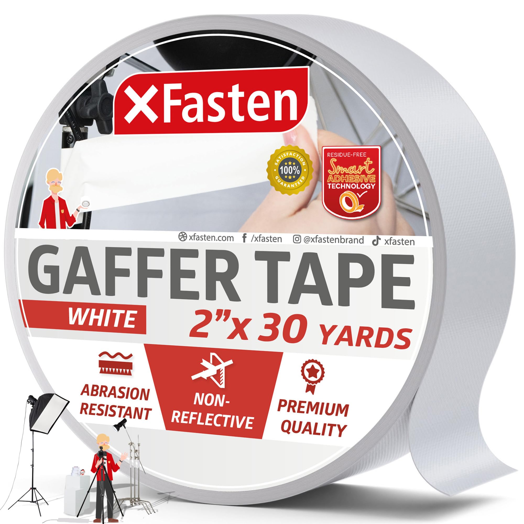 Nastro Gaffer Professionale XFasten - 2 Pollici X 30 Iarde, Bianco, Senza Residui - Foto 8