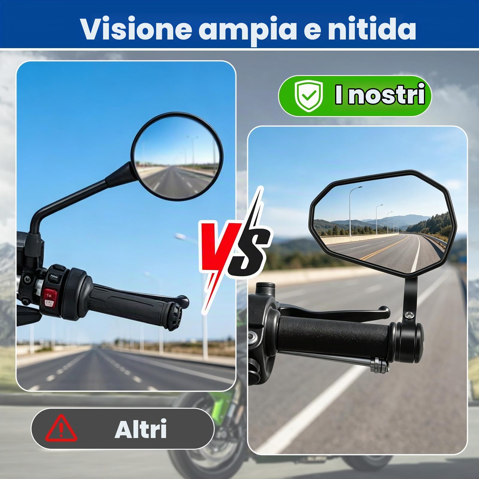 Specchietto Retrovisore per Manubrio Moto, Ruotabile a 360° Specchietti | Rotazione di 360°, Regolazione semplice, E24 Omologati, impermeabile e Resistenza sismica, per maggior parte moto scooter