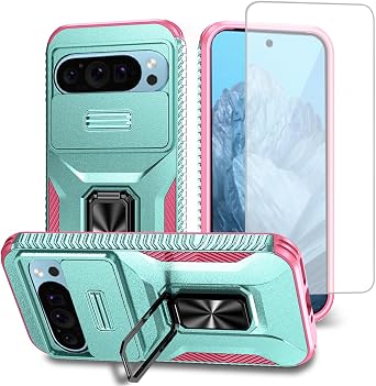 Case for Pixel 9 Case, Pixel 9 Pro Case, Google 9 Case with Tempered Glass Screen Protector and Slide Camera Cover, Magnetic Ring Car Mount Holder Shockproof Cover for Google Pixel 9 PC Green