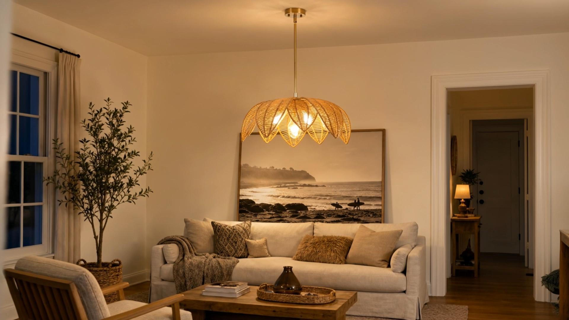 Image of 25 inch Large Rattan Boho Chandelier, 4-Light Hand-Woven Wicker Pendant Light, Farmhouse Coastal Hanging Lighting Fixture for Dining Room, Kitchen Island, Living Room, Bedroom & Foyer