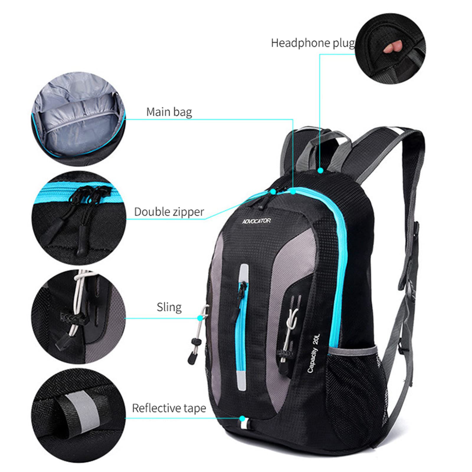 20L Mochila para acampar al aire libre Mochila de montañismo Mochila de senderismo para hombres Mochila de trekking Bolsa de viaje con orificio para auriculares