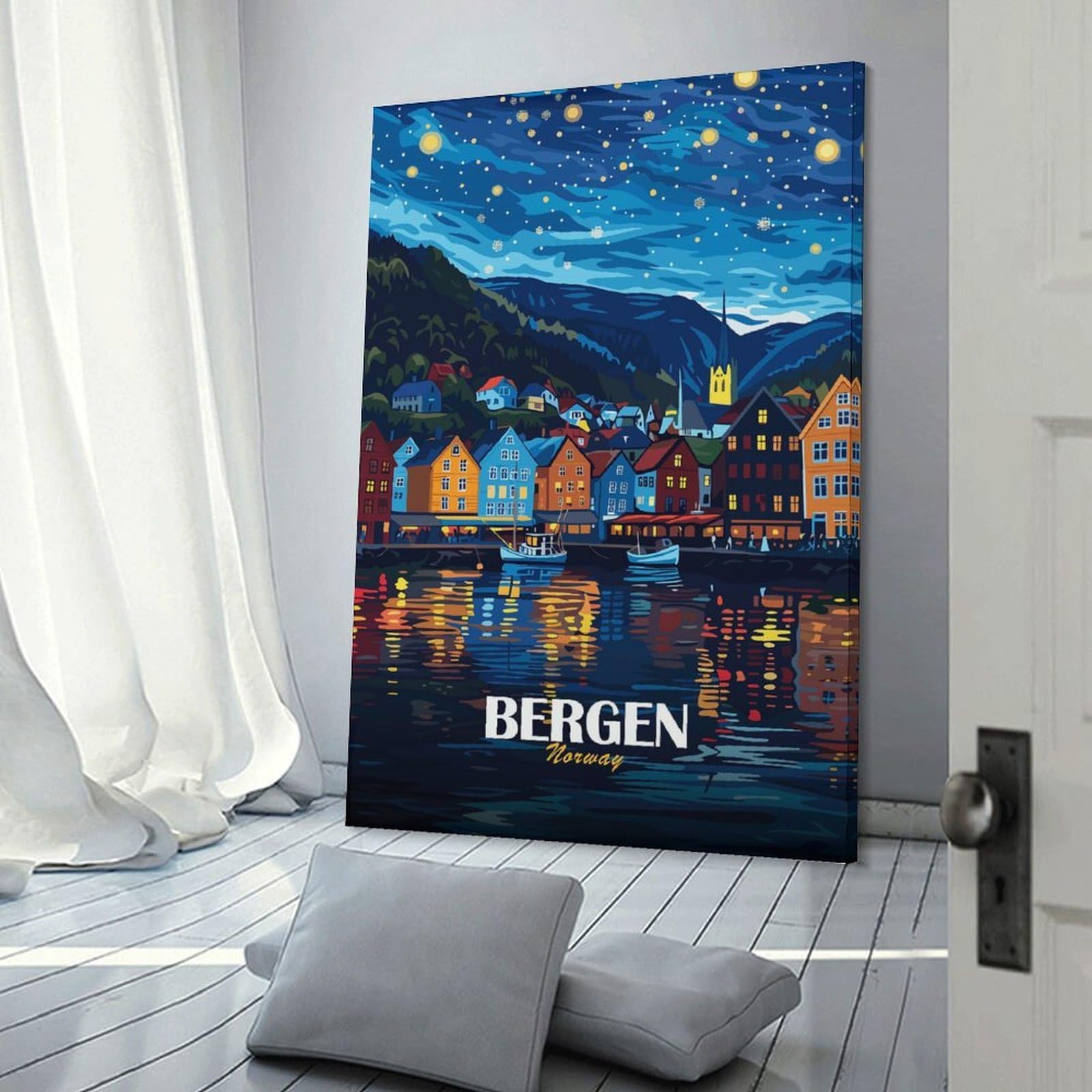 Junmoney Bergen Norway Nightscape Illustration Wall Picture Print, 20x30inch(50x75cm), for Art Walls, Layered Displays Or Homes, Home Wall Art for Statement Displays