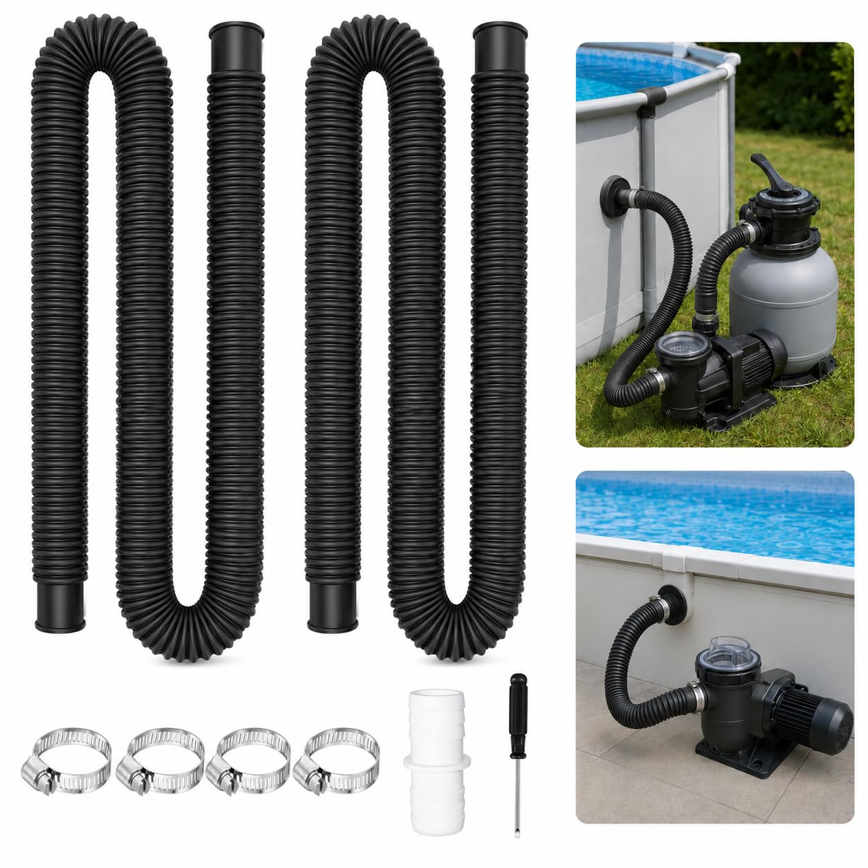2 Stück Poolschlauch 32mm,150cm Saugschlauch,Schwimmbadschlauch 32 mm | Schlauch für Poolpumpe,Poolpumpe schlauch mit 4 Stück Sicherungsclip Und 1 Stück Schlauchverbinder