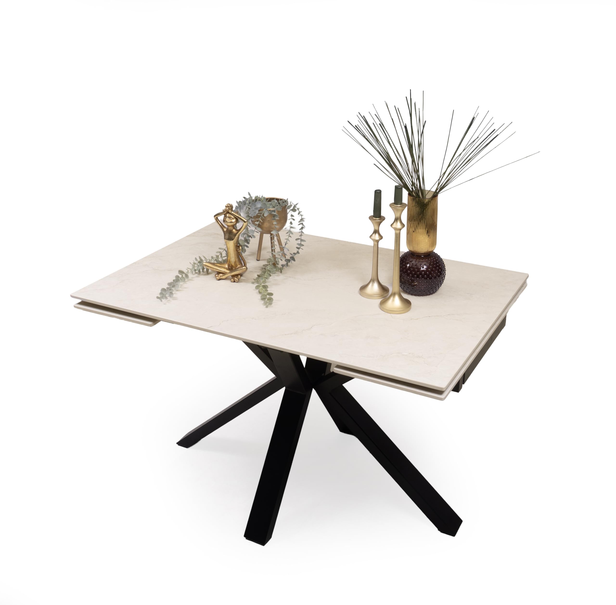 Homely® | Mesa de Comedor Extensible Marble con Tapa Porcelánica 120-180x80 cm | Acabado Efecto Mármol Boticcino Beige | Patas Metálicas Negras | Mesa Cocina, Comedor Moderna