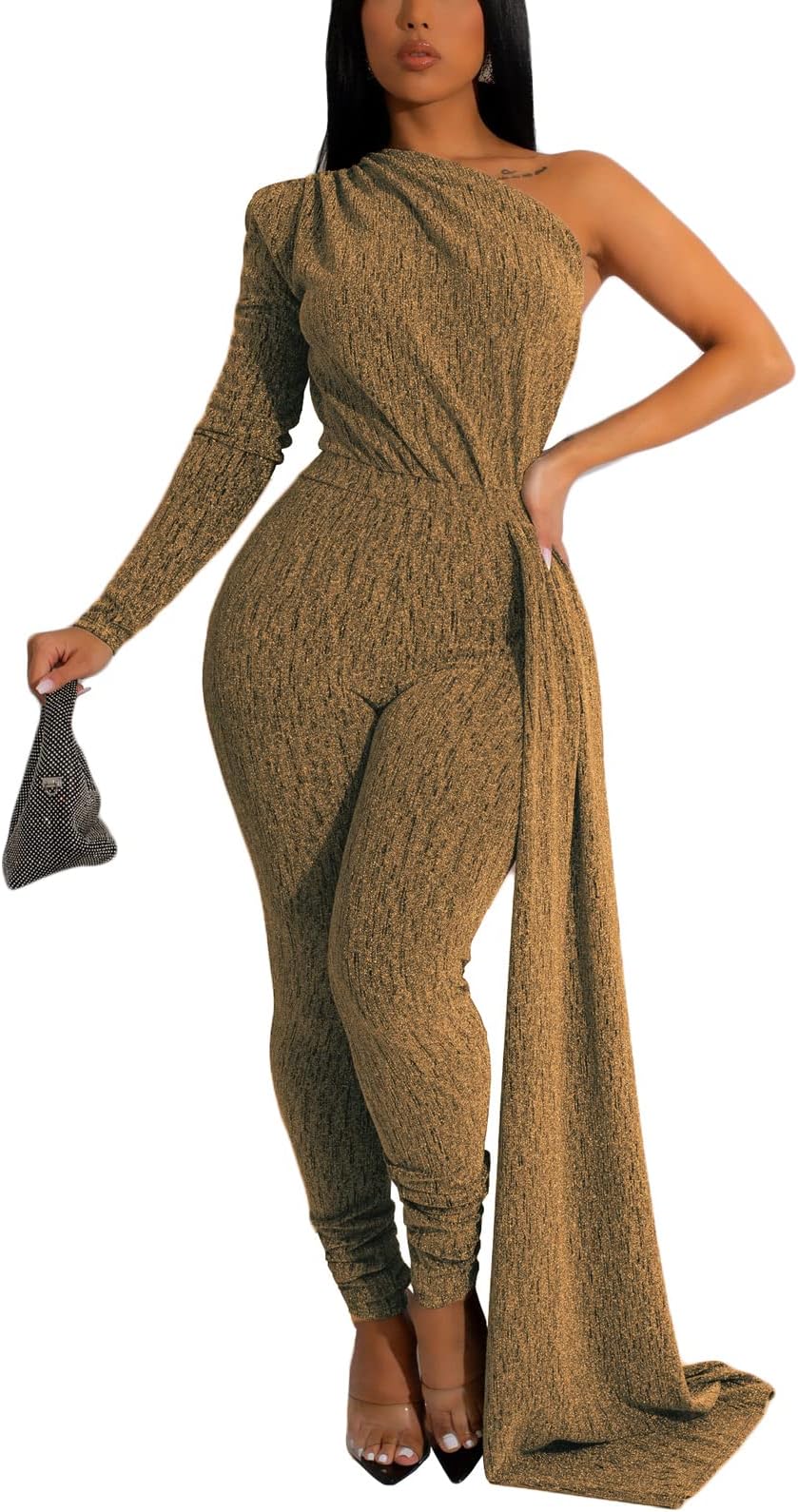 Women's Sexy Sparkly One Shoulder Long Sleeve Bodycon Jumpsuits Stretchy Long Pants Clubwear Party Rompers With Belt Rope