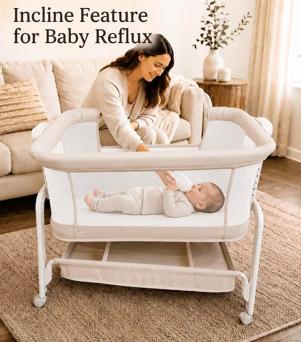 All-in-1 Bedside Bassinet for Baby – Adjustable Height Bedside Sleeper with Full Mesh Sides 2 Breathable Sheets & Storage Basket | Portable Baby Bassinet for Newborns with Wheels Bed Anchor