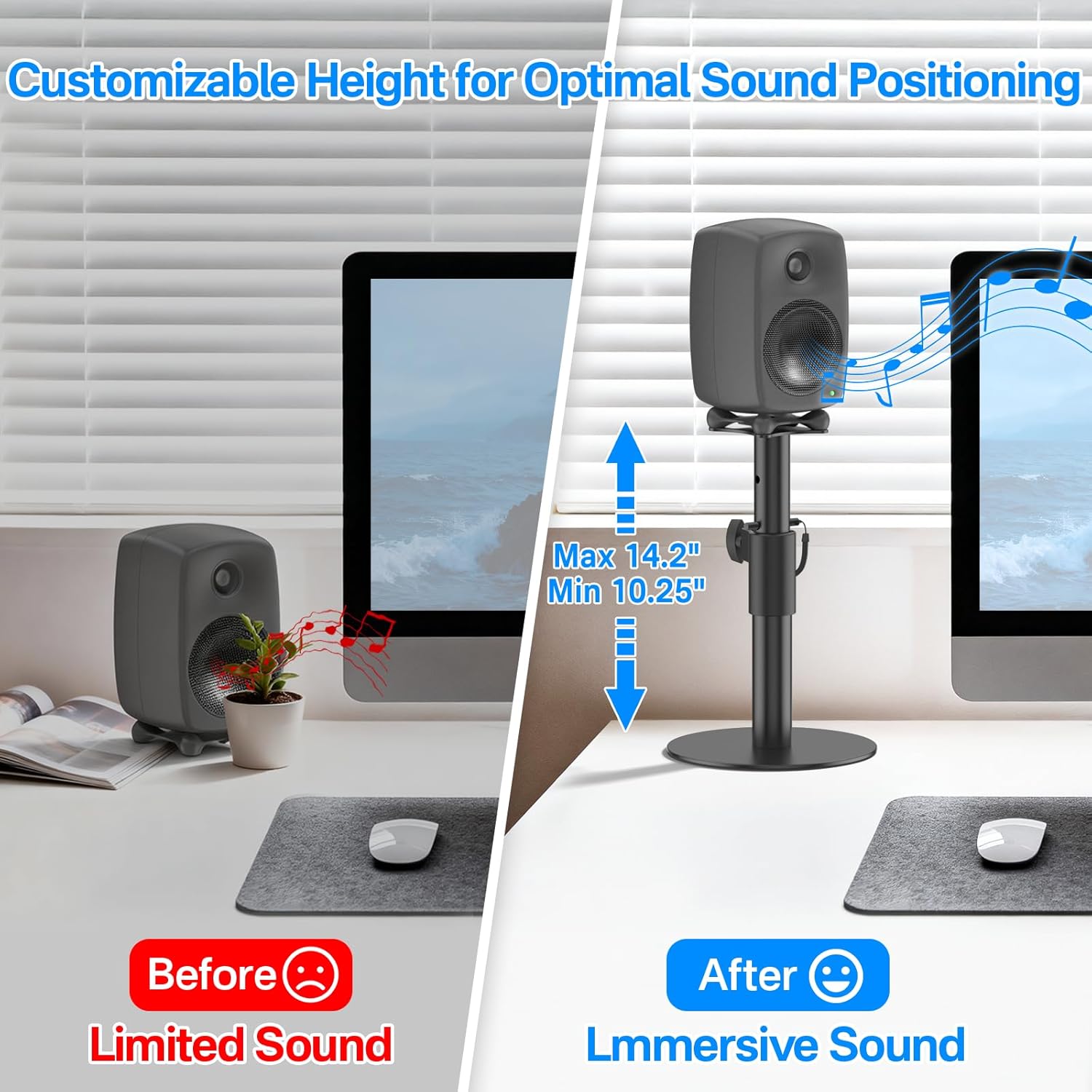 Height Adjustable Desktop Speaker Stand for Genelec G2 / 8020D / 8320A Studio Monitors Up to 30Lbs - Metal Desk Speaker Stands for Genelec Studio Monitor Stand with Cable Management