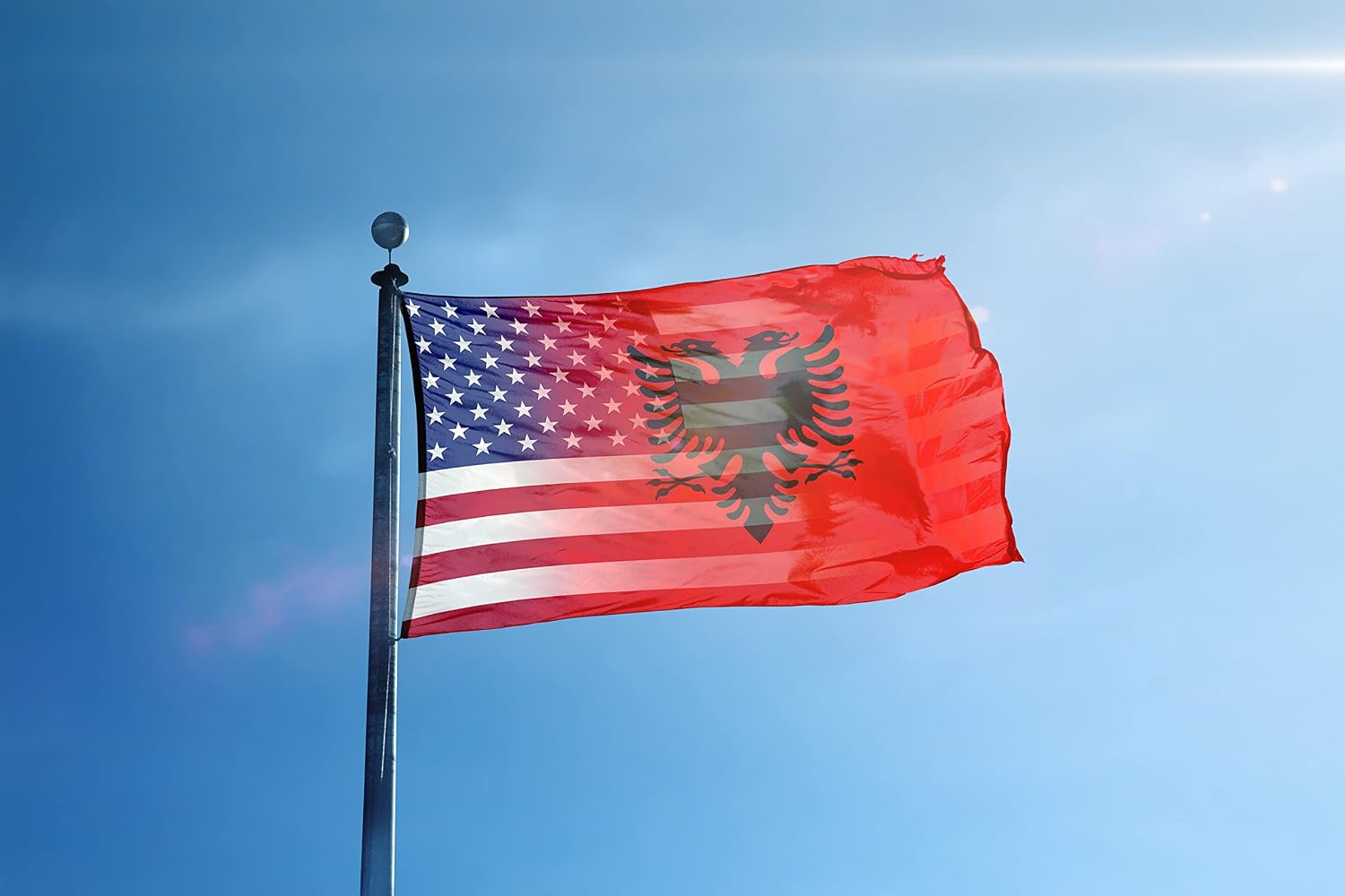 3x5 ft Albanian American Hybrid Flag: 100% Polyester Banner, Brass Grommets & Strong Canvas Header, For Use Outdoor or Indoor