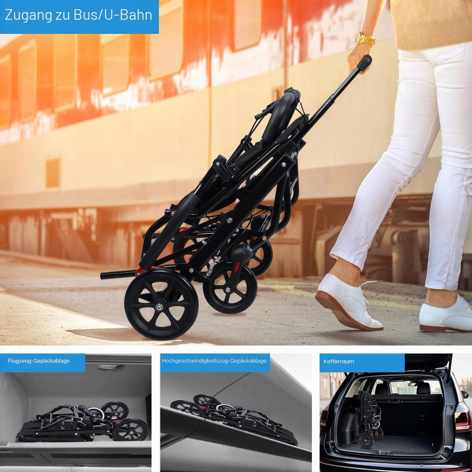 Faltbarer Rollstuhl, leicht, tragbar, Reisestuhl für Erwachsene, ergonomisches Design, Rollstuhl mit verstellbarem Sicherheitsgurt, PU-Räder für reibungsloses Fahren (Schwarz)
