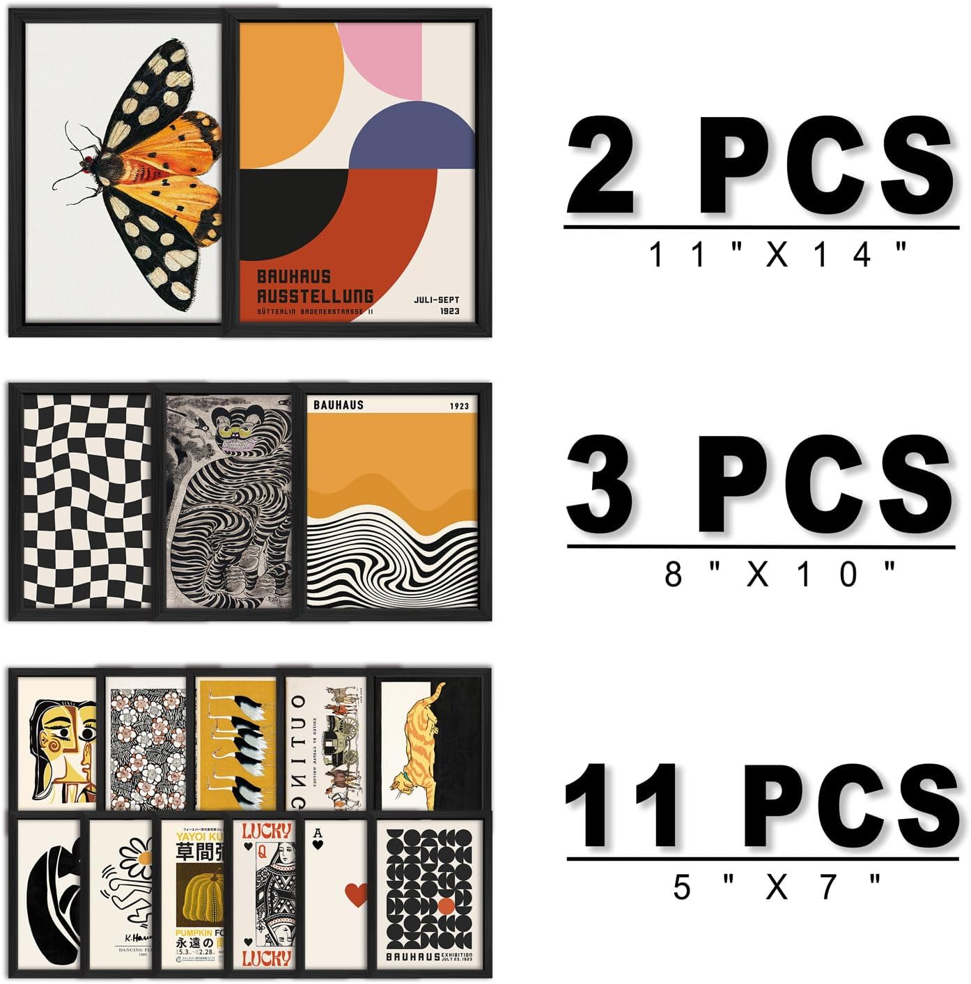 ANERZA 16 PCS Framed Eclectic Wall Art Decor, Modern Maximalist Wall Prints for Bedroom, Vintage Gallery Wall Frame Set, Bauhaus Funky Posters for Home Decor, Retro Abstract Dorm Collage Kit