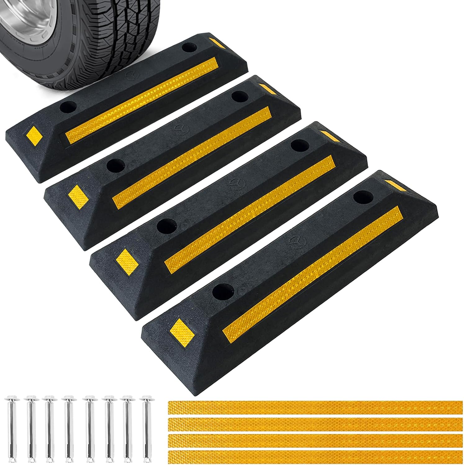 DASBET 4 Pack Heavy Duty Rubber Parking Block Parking Curb | Wheel Stop Stoppers for Garage Parking with Yellow Reflective Stripes for Car, Truck, RV, Trailer, and Garage (4)