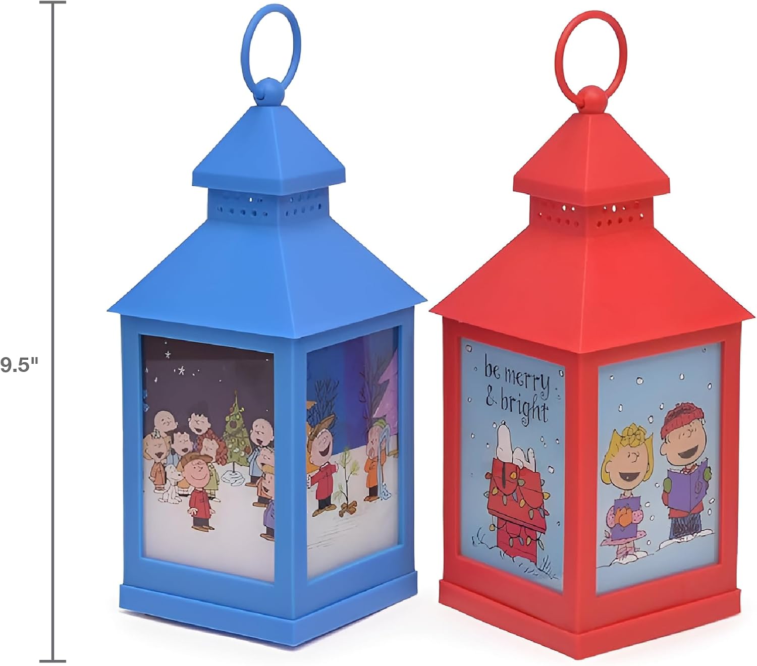 Mark Feldstein, Peanuts Christmas Holiday Flamless LED Tabletop Lanterns, Red and Blue, 9.5 Inch (Set of 2)