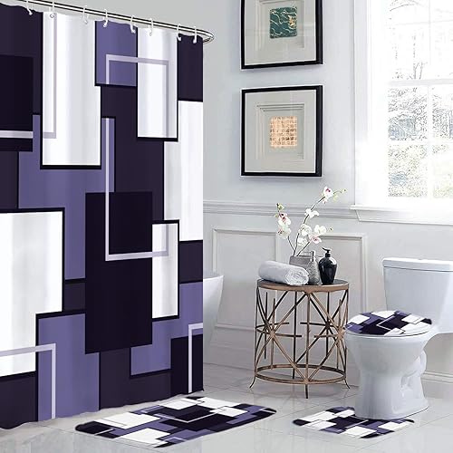 Miniatura 5 de Juego de 4 cortinas de ducha de flores florales de granja con alfombras, dalia verde azulado sobre tablones de madera rústica antigua, juego de