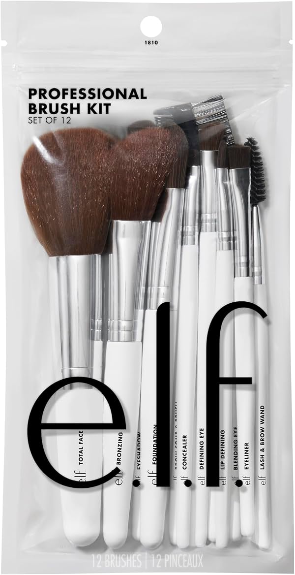 Set profesional de 12 brochas de maquillaje e.l.f., brochas de maquillaje dignas de profesionales para una aplicación impecable de rostro completo, vegano y libre de crueldad
