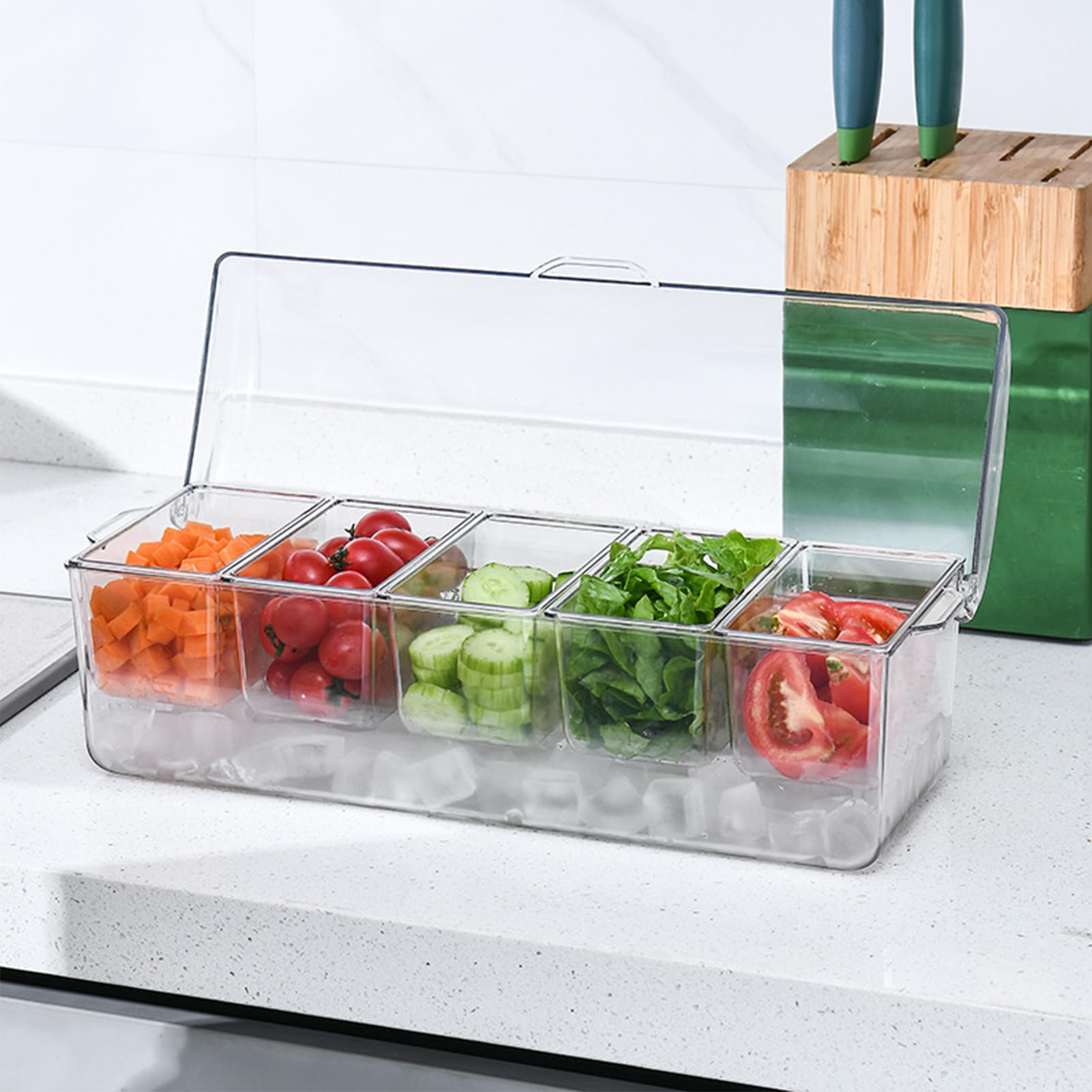Vassoio refrigerato con coperchio, porta condimenti a 5 scomparti per feste, barbecue e bar, piatto per alimenti raffreddato a ghiaccio mantiene gli antipasti freschi e gustosi