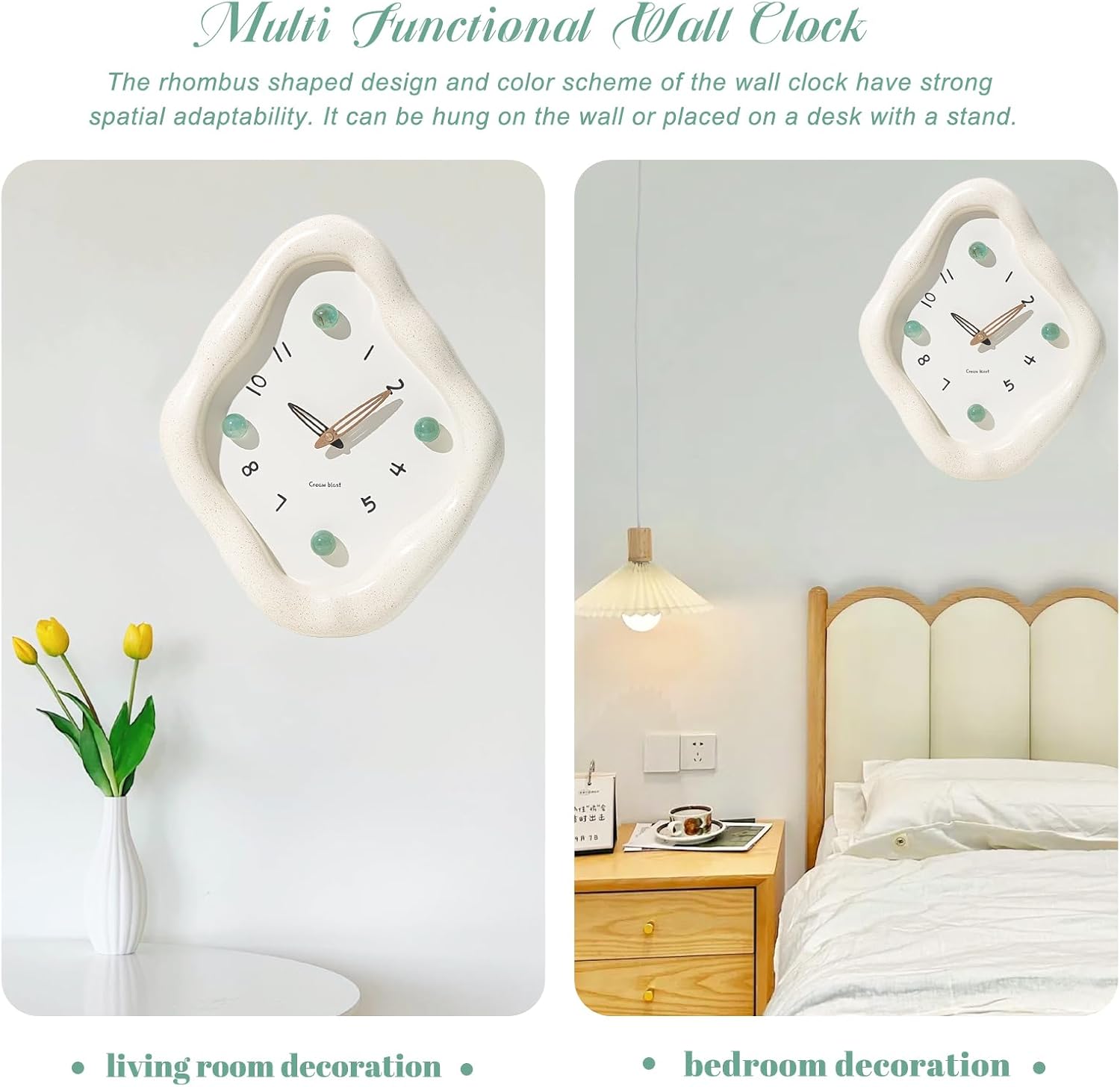 JUSTUP Wall Clock, 12 Inch Modern Wall Clock, Creative Rhombus Battery Powered Clock, Silent Clock Non Ticking for Office, Living Room, Home, Elegant Clocks for Bedroom Decorative (White)