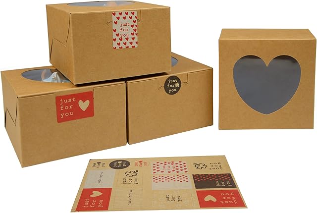 KEYIDO 10 Pack Small Cake Boxes Brown Kraft Paper Bakery Boxes with Heart Shape Clear Window and Sticker Packaging Box for Cake Portions Cookie Brownie Wedding Valentine
