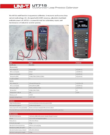 UNI-T UT714 UT715 UT725 Multifunction Loop Process Calibrator DC Voltage and Current Output/Measurement Loop Calibrator RTD(UT715)