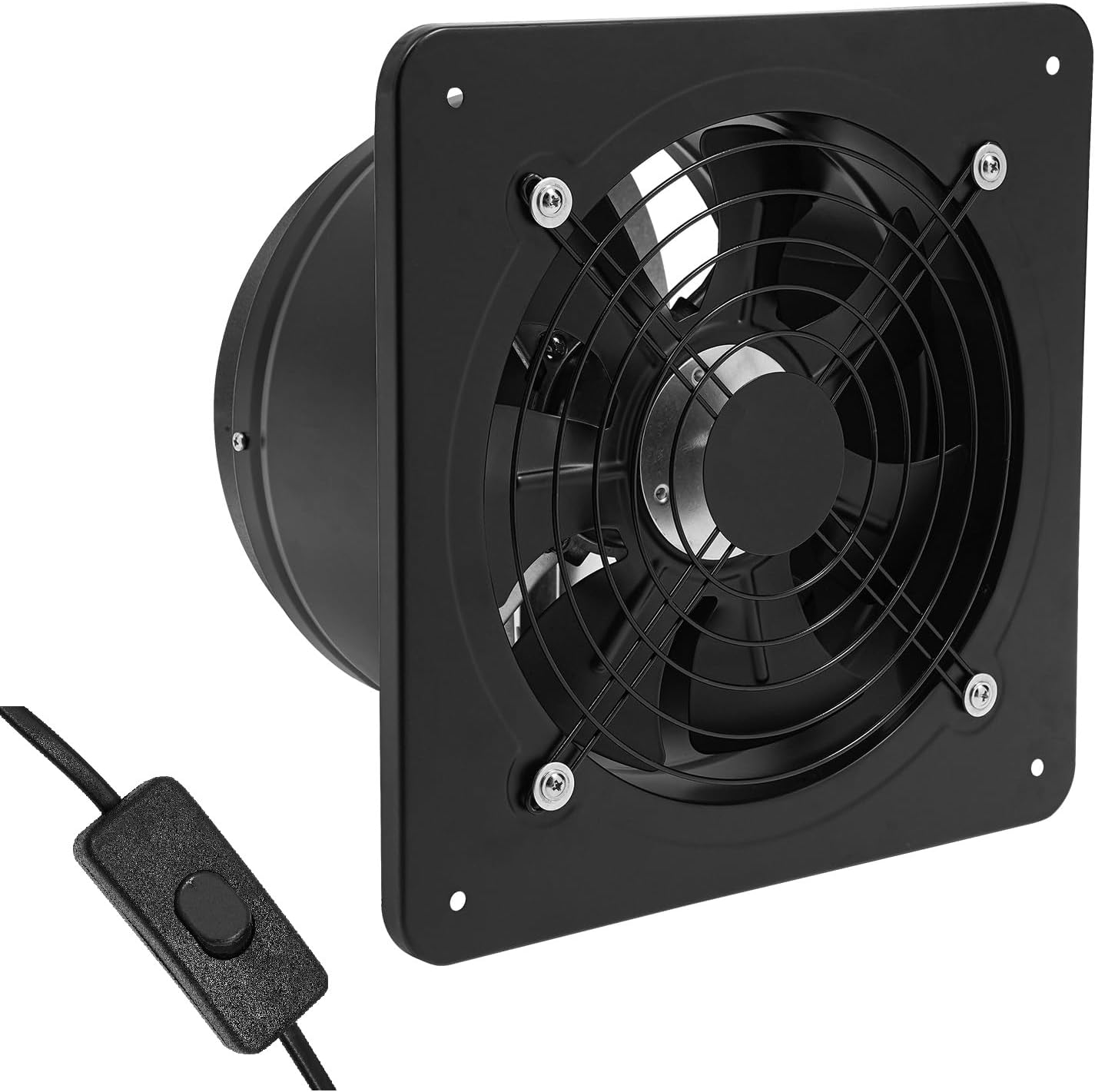 10 Inch Exhaust Fan with Switch, Wall-Mounted Exhaust Fan with 7 Blades Iron, 741CFM Window Ventilation Fan for Home Kitchens Kitchens Bathrooms Garages Warehouses 100W Black
