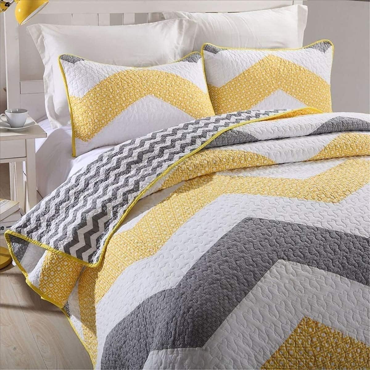 Bedspreads Patchwork Yellow and White Wavy Stripes Design Cotton Summer Bed Cover Bedding 3 Pieces Stripe Quilt Bedspread (Colour: Stripe Size: 230000 cm) (Stripe 240 x 280 cm)
