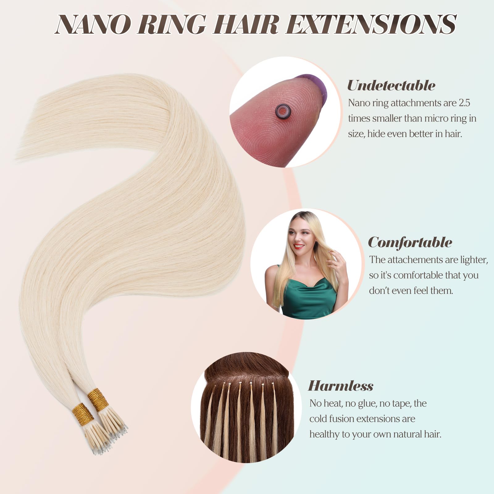Benehair Nano Ring Hair Extensions Real Human Hair Extensions Nano #60 Platinum Blonde Straight Remy Invisible 50g/Pack 18 Inches - Image 2