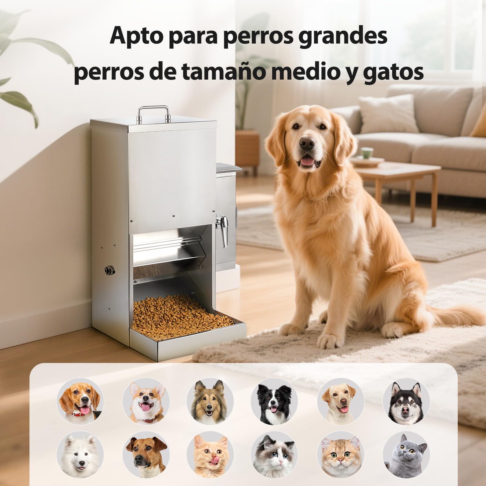 Alimentador Automático para Perros de 16L con Temporizador, Dispensador de Comida de Acero Inoxidable con Horario Programable para Perros Grandes o Gatos