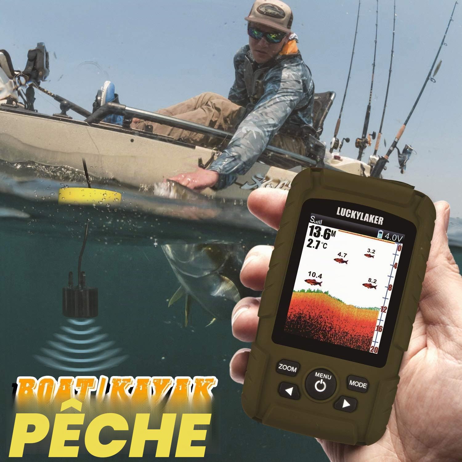 LUCKY étanche de Pêche Détecteur et Profondeur Bateau Detecteur de Poissons Capteur Sondeur de Peche LCD écran pour mer Kayak la pêche