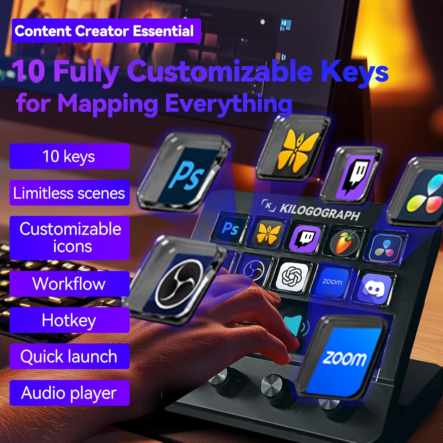 Stream Dock with Knobs Screen N4E - Streamdeck for PC Mac, Mirabox Macro Keyboards with 10 Macro Buttons, Volume Brightness Control, Wired Streaming PC Controller, Live Gaming Deck Plus