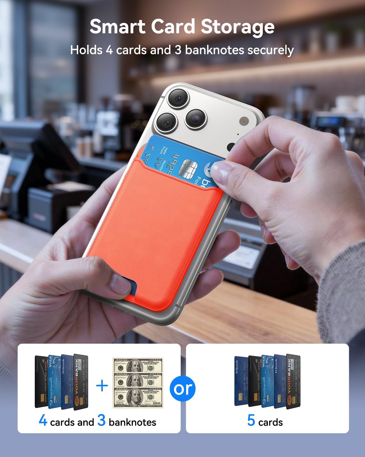 for MagSafe Wallet, Works with Apple Find My,5 Card Holder with Stand, Magnetic Phone Wallet Stand for iPhone 17/16/15/14/13/13 Pro Max Air Plus, RFID Blocking Vegan Leather,Orange