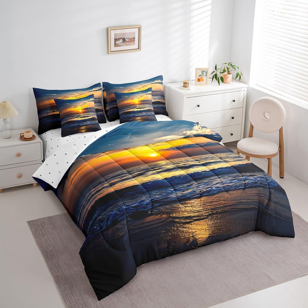 Feelyou Beach Wave Bedding Set Sea Wave Surfing Sunset Bed in a Bag Nautical Hawaiian Summer Beach Comforter Set King Size 7 Pieces Bed Set with Comforter, Sheet Set, Pillowcases, Pillow Covers