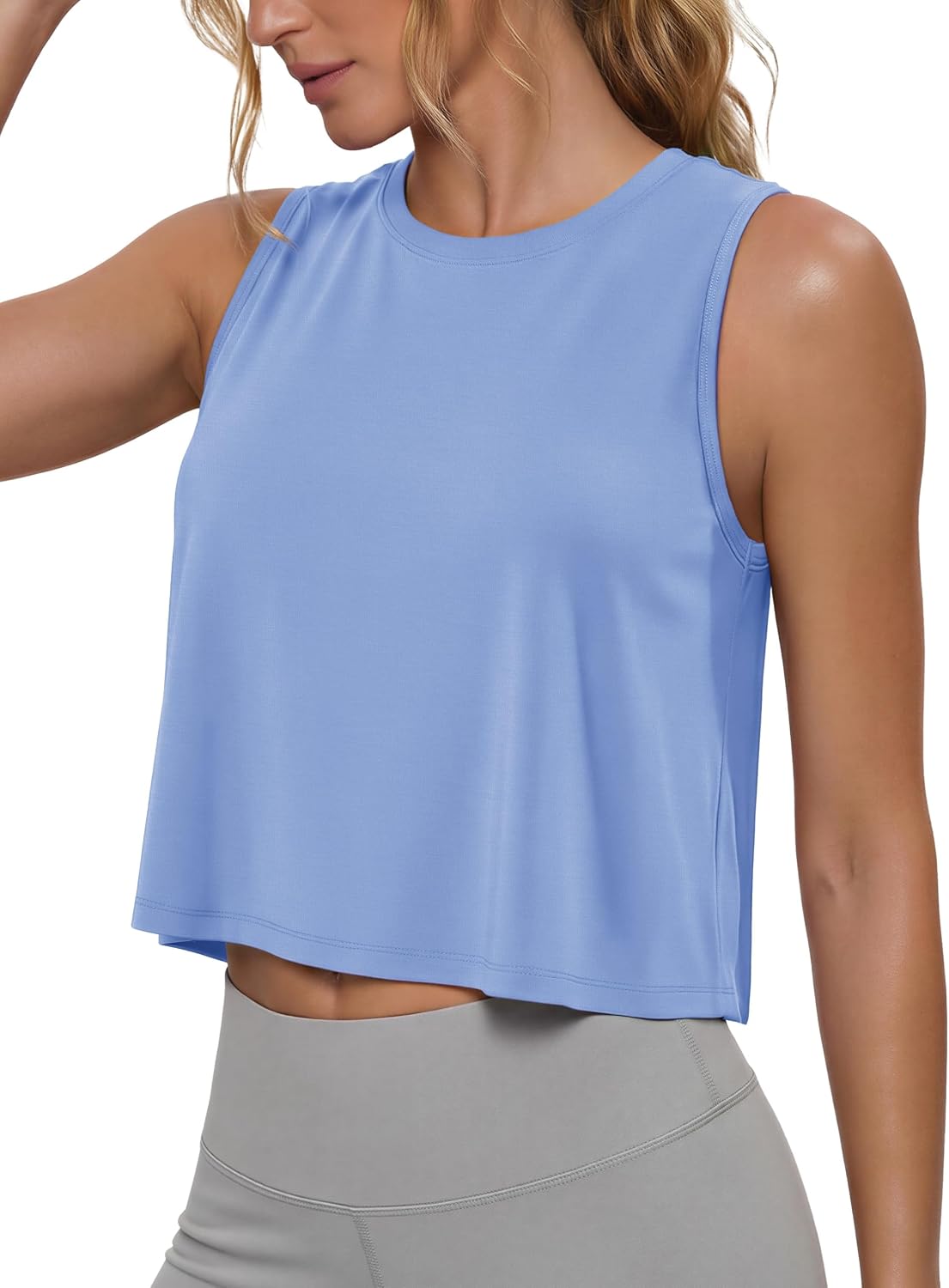 MAGCOMSEN Womens Cropped Tank Tops Workout Muscle Sleeveless Top Quick Dry Crew Neck Loose Fit Yoga Gym Running Athletic