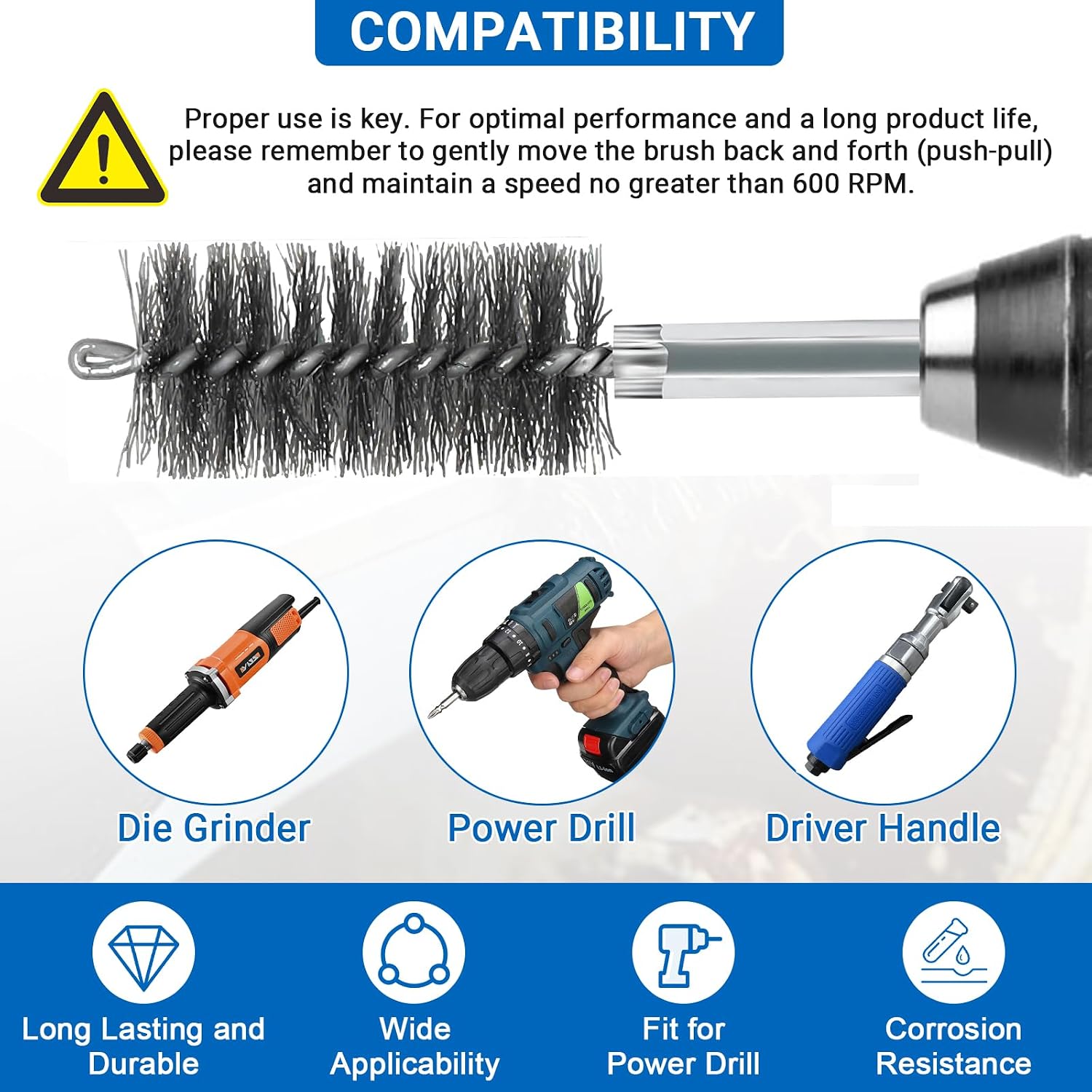 Wayona 12PCS Sizes Stainless Steel Bore Brush Set (5/16"-1-3/16"), Wire Brushes for Drill Rust Removal,Drill Wire Brush Attachment for Cleaning with 1/4" Hex Shank image 5
