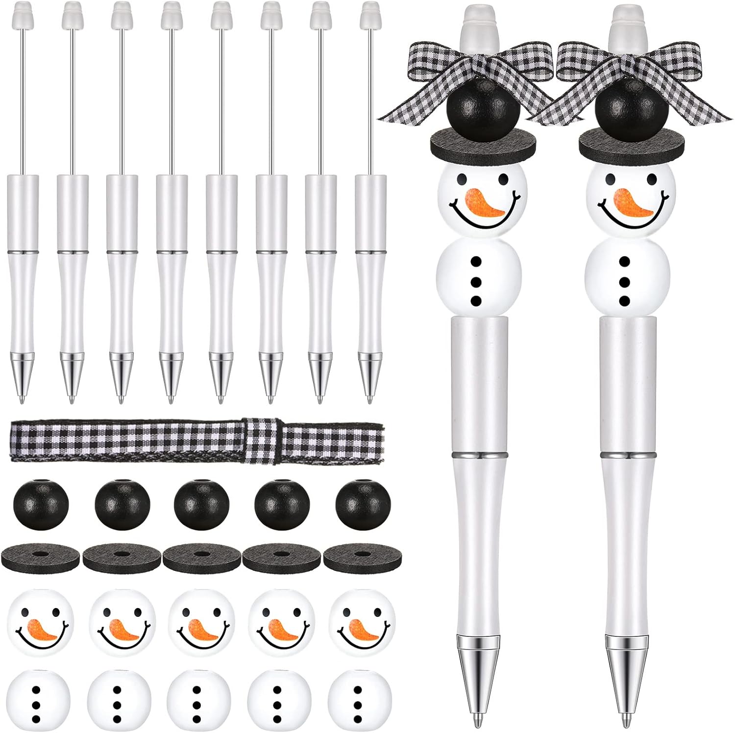 Beadable Pens Bulk Winter Bead Pens and Snowmen Wooden Beads Buffalo Plaid Ribbon Snowman Ballpoint Pen Plastic Black Ink Pen Winter Gifts for Christmas Students School Office Supplies(51 Pcs)