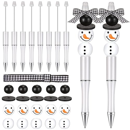 Beadable Pens Bulk Winter Bead Pens and Snowmen Wooden Beads Buffalo Plaid Ribbon Snowman Ballpoint Pens Plastic Black Ink Pen Winter Gifts for Christmas Kids Students School Office Supplies (51 Pcs)