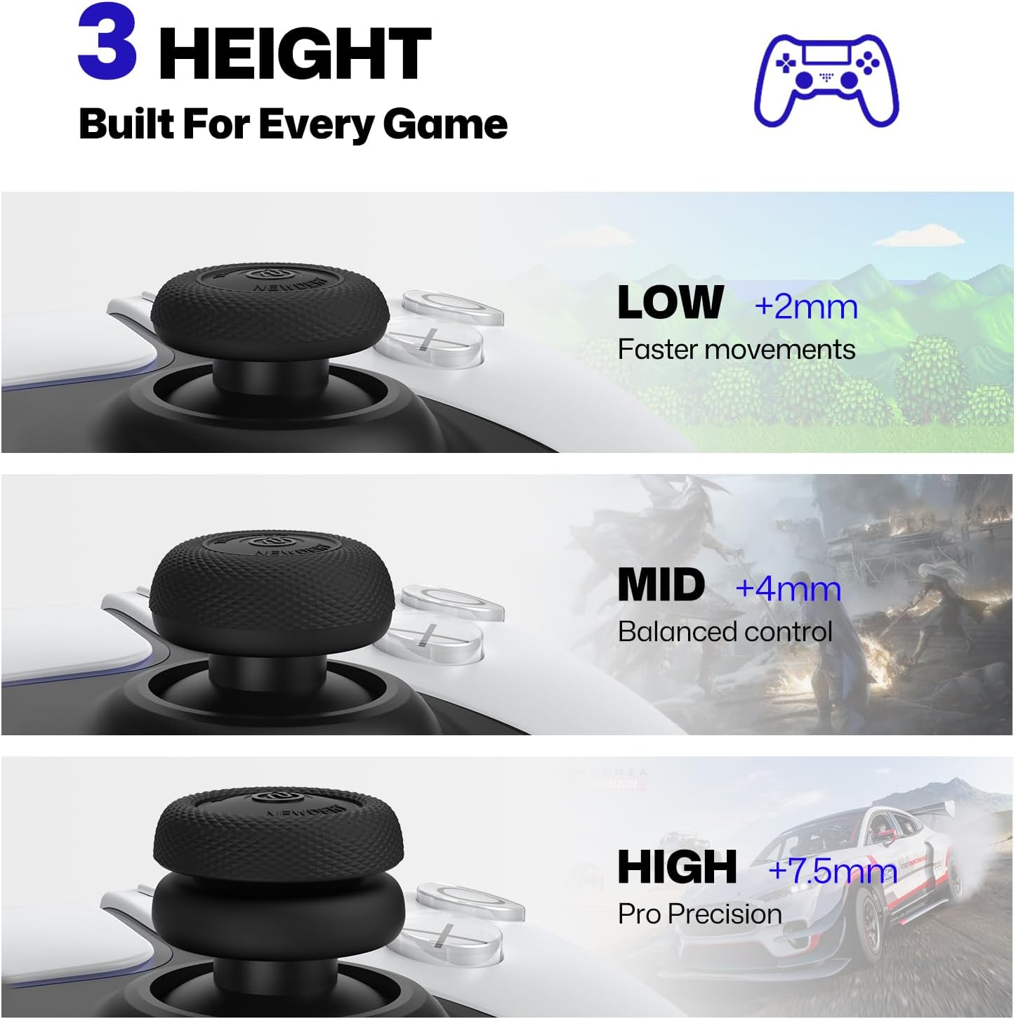 NEWDERY Thumb Grips for PS4/PS5 Controller, 3 Height Options (Low/Mid/High) for Precision & Control, Anti-Slip Silicone Joystick Caps for PlayStation 5/4 Controller, Switch 2 Pro Controller, 12-Pack