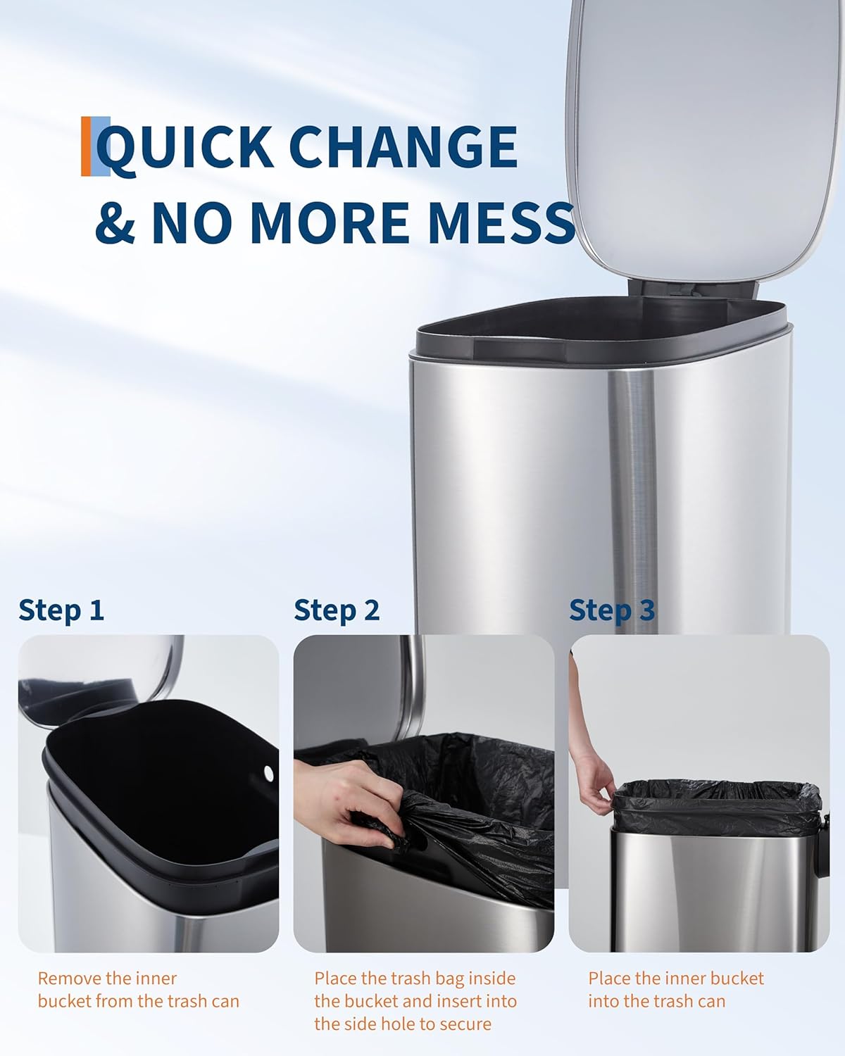 13 Gallon/50 Liter Slim Trash Can, Skinny Stainless Steel Garbage Can with Quiet Soft Close Lid & Removable Inner Bucket, Narrow Trash Bin for Kitchen Bathroom Office Living Room, Silver