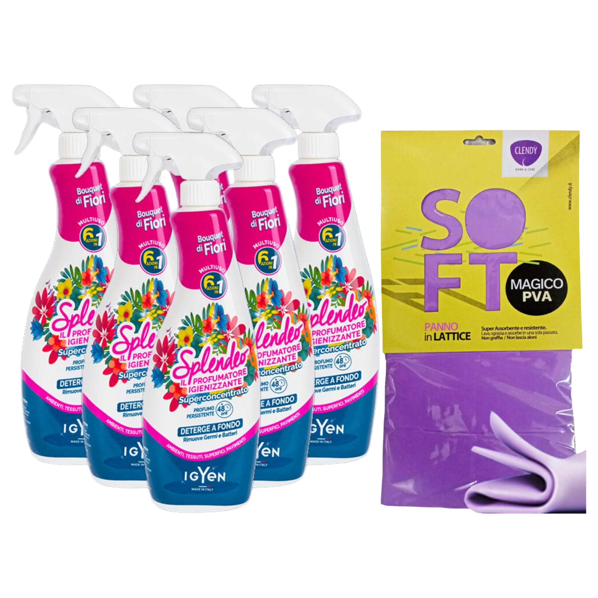 Detergente Multiuso Spray, Il Profumatore Igienizzante Superconcentrato, BOUQUET DI FIORI. Deterge a Fondo, Rimuove Germi e Batteri, 48h di Pulito Profumato 750ml (6 Spray) + Panno In Lattice SOFT
