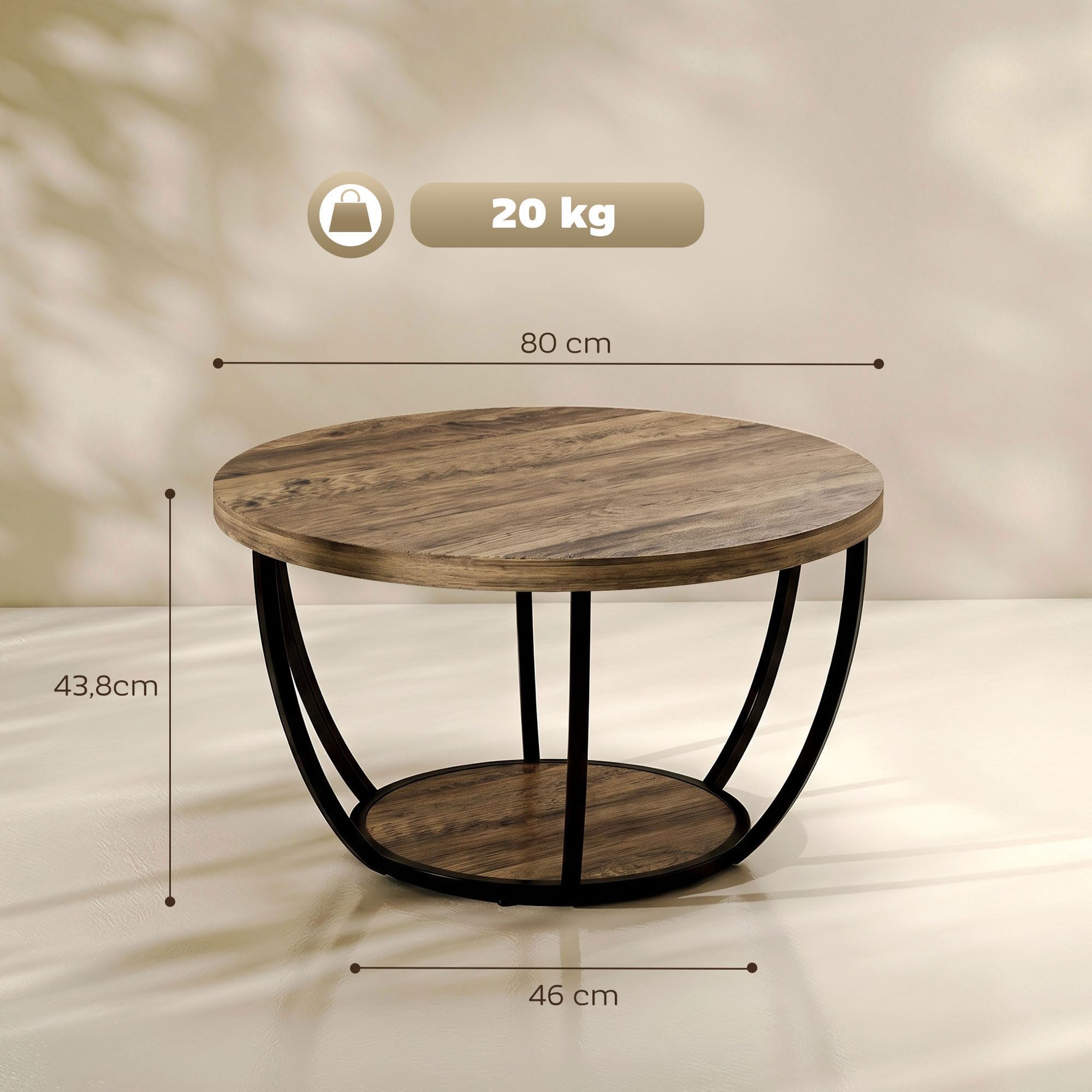 HOMCOM Couchtisch Rund mit Stauraum, 2 Ebenen, 80 x 80 x 43,8 cm Braun