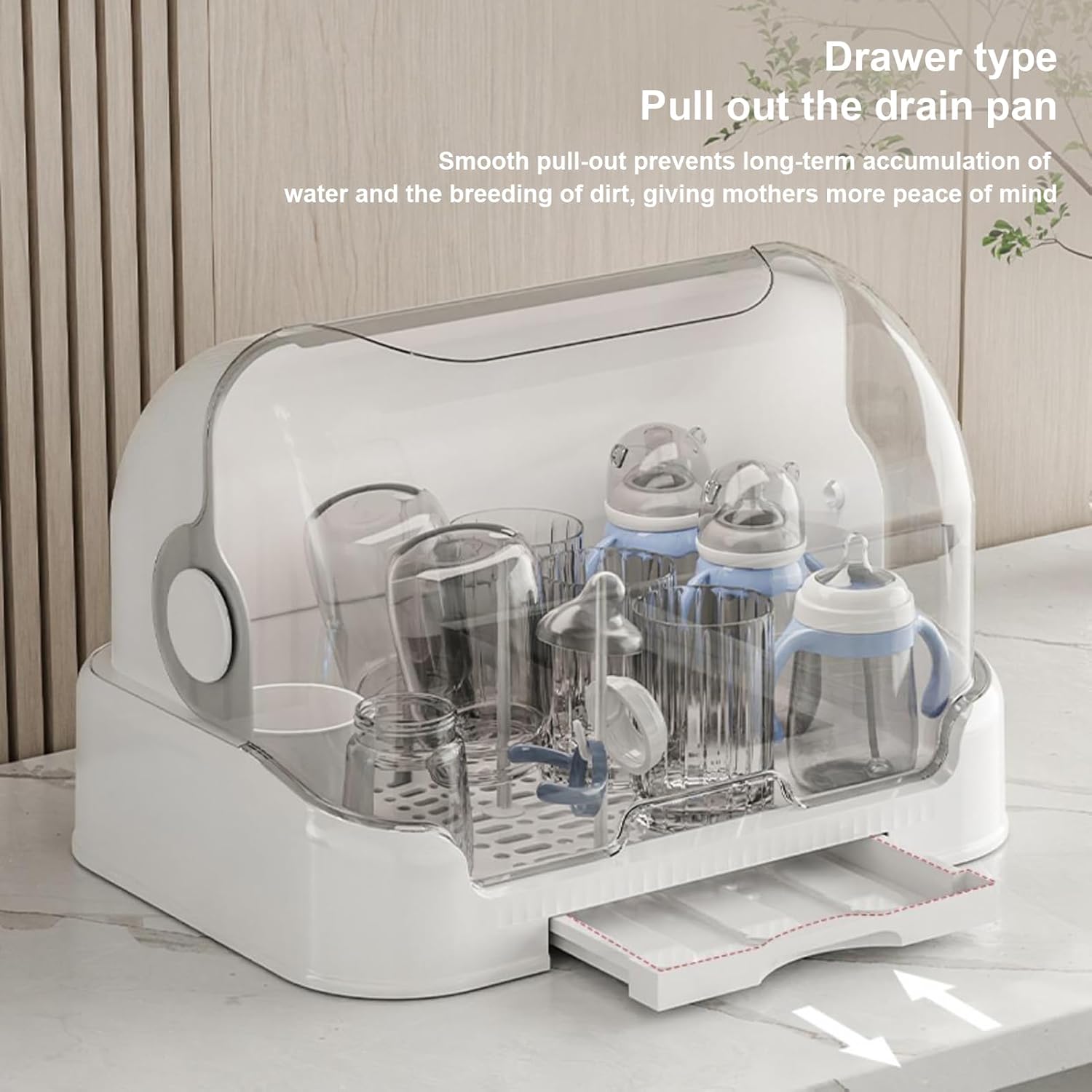 Baby Bottle Drying Rack with Removable Drip Tray, Large Capacity Nursing Bottle Storage Box Organizer with Cover, Baby Bottle Holder Dryer Rack, Countertop Drying Rack for Bottles and Accessory