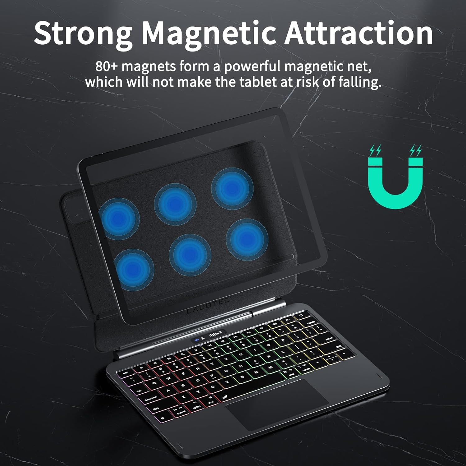 LAUDTEC Magnetic Keyboard Case for iPad Pro 11-inch (M5 2025 / M4 2024), Slim Skin-Feel Leather Cover with Smart LCD Power Display, Multi-Touch Trackpad & 7-Color Backlight, Black