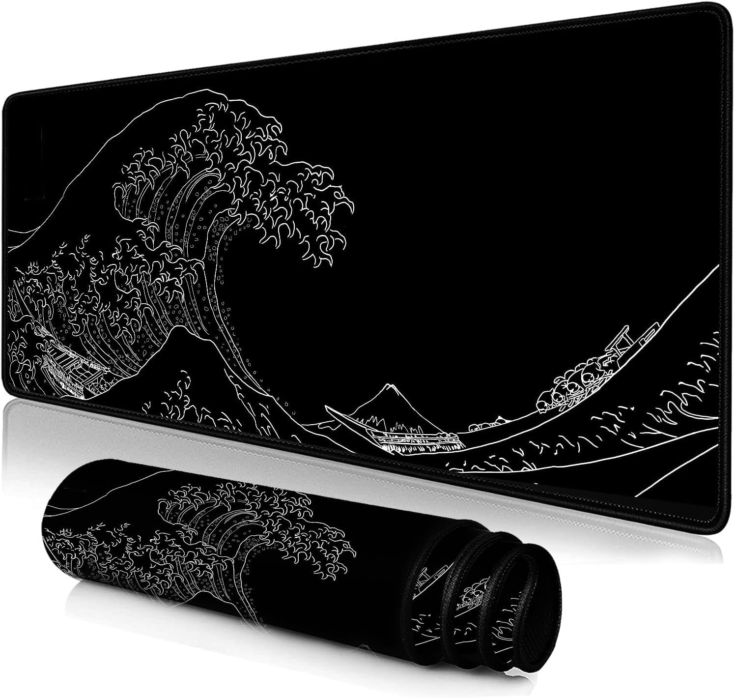 KEPADZLarge Gaming Mouse Pad with Stitched Edges, 800x300x3mm, Extended Mousepad with Smooth Cloth Surface, Non-Slip Rubber Base, Waterproof Keyboard Pad, Black Wave of Kanagawa