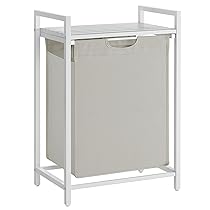 VASAGLE Cesto Portabiancheria, Porta Biancheria, Sacco in Tessuto Estraibile e Rimovibile, Piano d扐ppoggio, Metallo, 65 L, 50 x 33 x 72 cm, Bianco Crema e Bianco Opaco BLH101W01